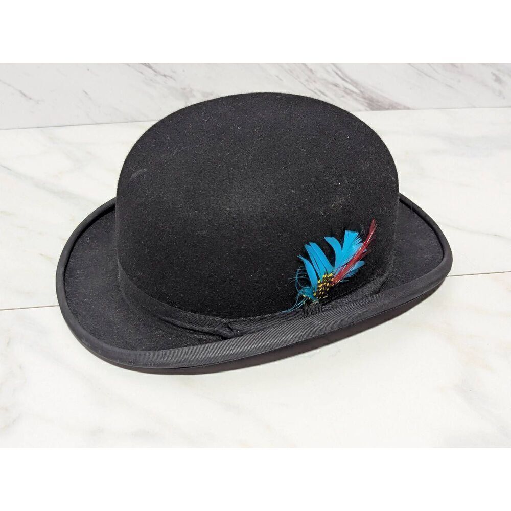 Christy's Of London Unisex Black Fur Wool Felt Feather Adorned Bowler Hat Size 7